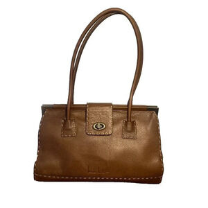 Nicole Miller Brown Leather Purse Doctor Handbag Buckle Closure Exposed Stitches